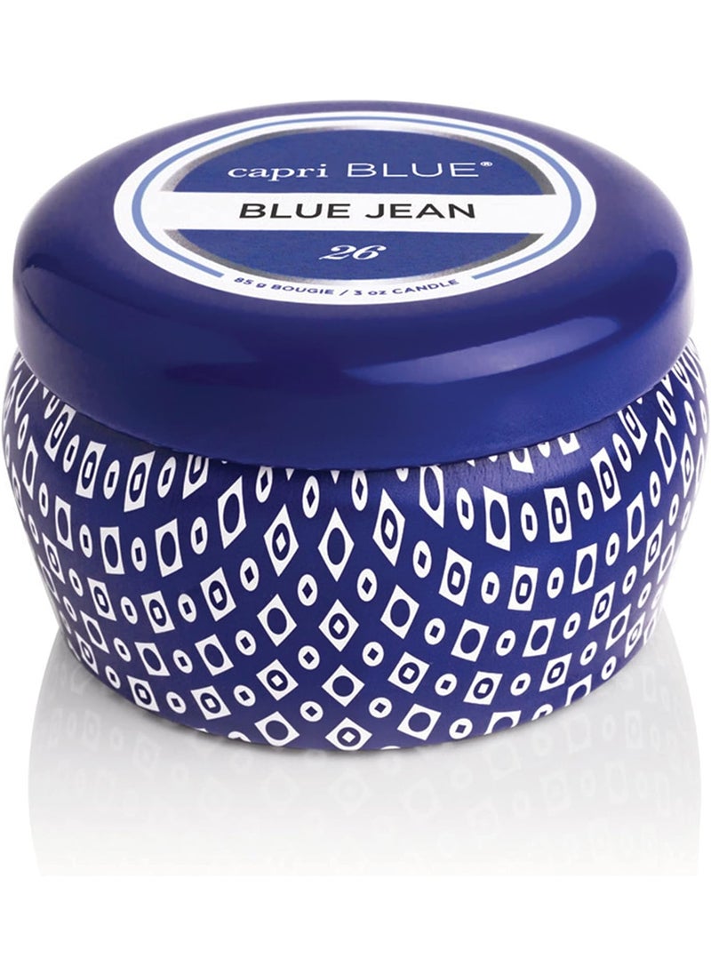 Capri Blue Printed Travel Tin Jar - Luxury Candle with a Soy Wax Blend - Scented Candles for Home with Notes of Citrus, White Musk & Patchouli (Blue Jean, 8.5 oz)