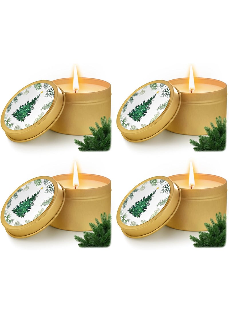 MTLEE 4 Pcs Christmas Fir Pine Candle Travel Non Toxic Tin Candles with Lid and Fir Scent Christmas Gift for Women Men Xmas Housewarming Home Fragrance Bedroom Bathroom Living Room Decor, Gold