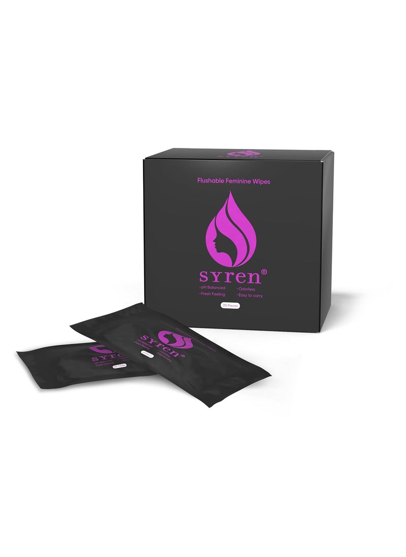 Syren Flushable Feminine Wipes, 20 Pieces, Odorless, Plant-Based, Easy to Carry