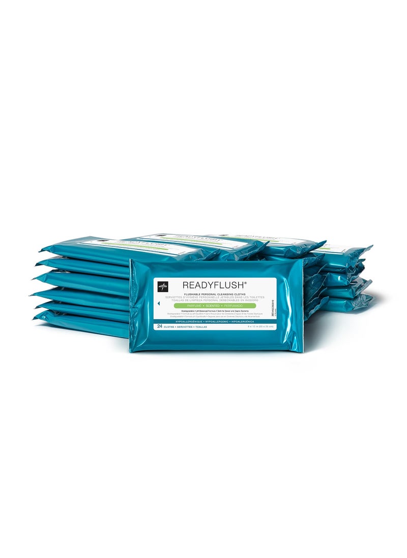 Medline ReadyFlush Flushable Wipes, 576 Wipes (24 Wipes, 24 Packs), Scented, Biodegradable Flushable Incontinence Wet Wipes for Adults with Aloe, Hypoallergenic & pH-Balanced Personal Cleansing Cloths