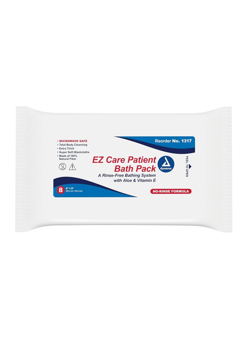 Dynarex 1317 EZ Care Patient Bath Packs, Pre-Moistened Disposable Wet Wipes, No Rinse Cleansing Washcloth with Aloe Vera & Vitamin E, For Hospital & Home Use, 8x8