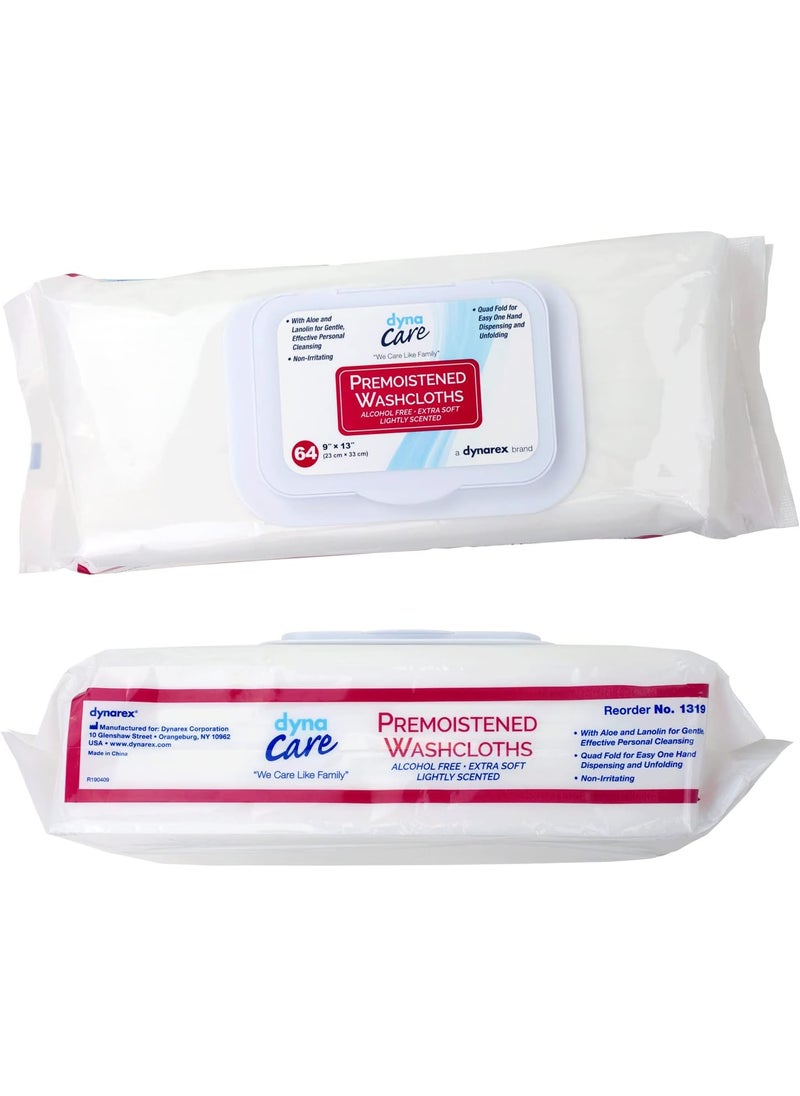 Dynarex Personal Cleansing Washcloth - Pre-Moistened Wet Wipes with Lanolin & Aloe Vera - Disposable Sheets for Incontinence, Personal Care, Make-Up Removal, 1 Refill Pack of 64 Wipes