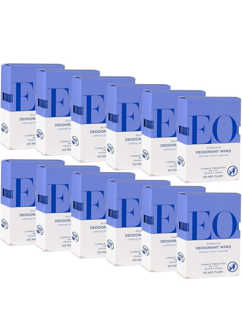 EO Natural Deodorant Wipes, 6 Wipes (Pack of 12), French Lavender, Organic Plant-Based with Pure Essential Oils