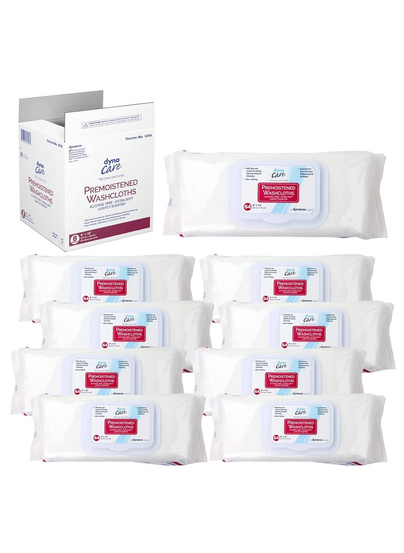 Dynarex Personal Cleansing Washcloth - Pre-Moistened Wet Wipes with Lanolin & Aloe Vera - Disposable Sheets for Incontinence, Personal Care, Make-Up Removal, 1 Case - 8 Refill Packs of 64 Wipes