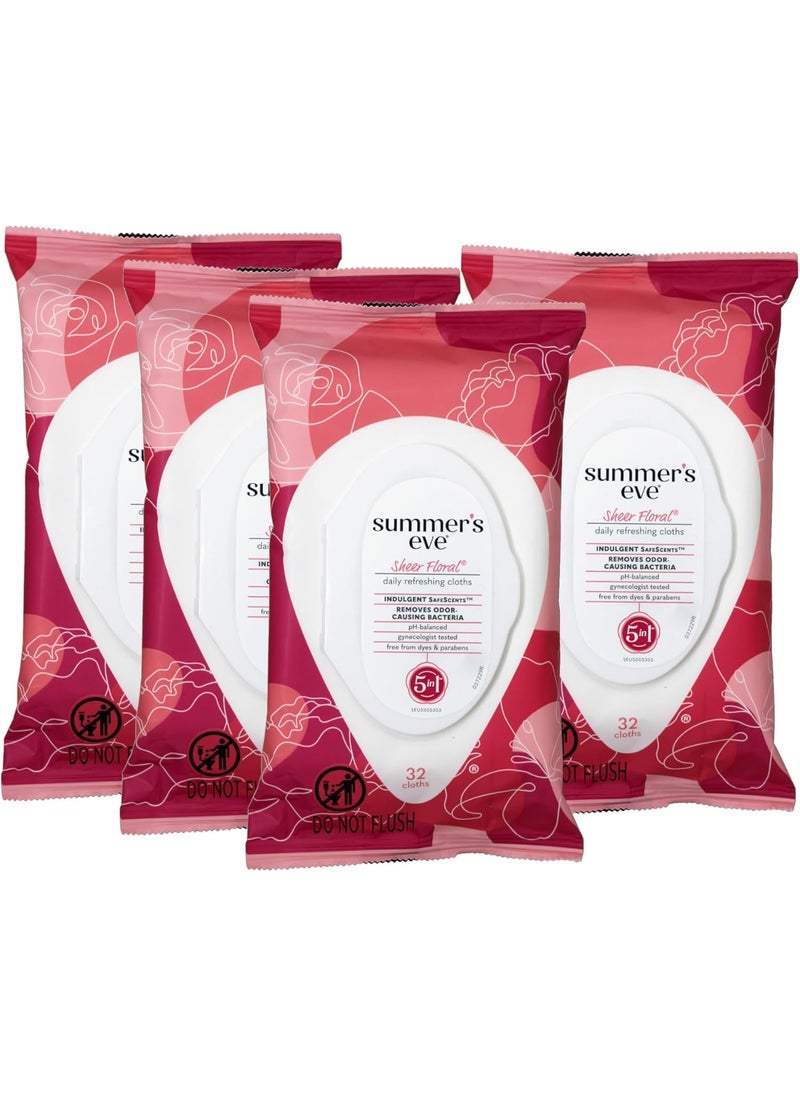 Summer's Eve Cleansing Cloths | Sheer Floral |32 Count | Pack of 4 | pH-Balanced, Dermatologist & Gynecologist Tested