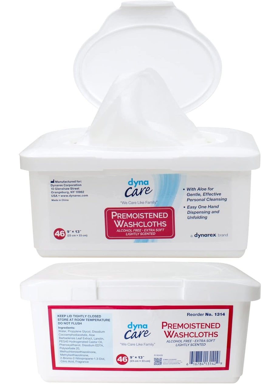 Dynarex Personal Cleansing Washcloth - Pre-Moistened Wet Wipes with Lanolin & Aloe Vera - Disposable Sheets for Incontinence, Personal Care, Make-Up Removal, 1 Tub of 46 Wipes