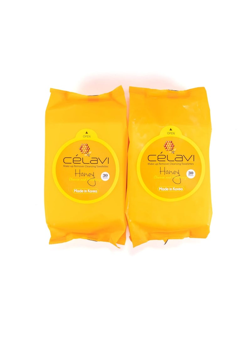 Celavi Makeup Remover Cleansing Wipes Removing Towelettes 2 Packs - 60 Sheets (Honey)