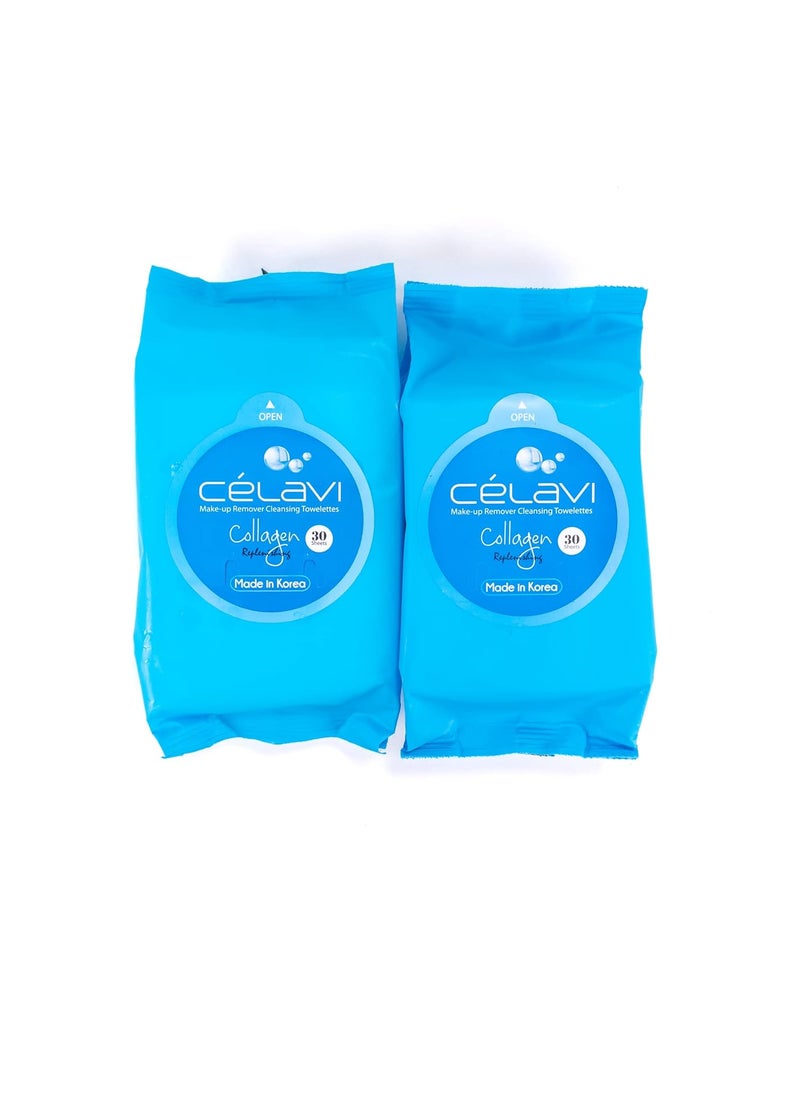Celavi Makeup Remover Cleansing Wipes Removing Towelettes 2 Packs - 60 Sheets (Collagen)