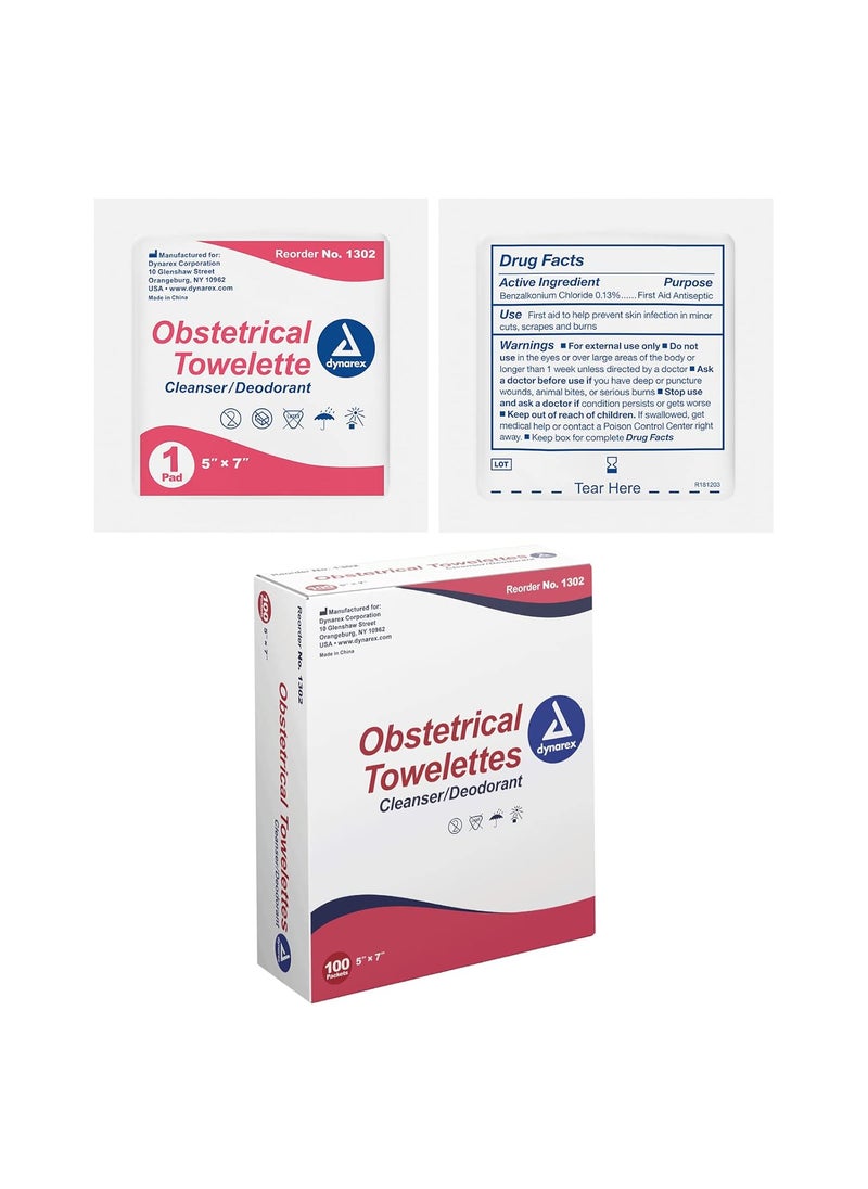 Dynarex 1302 Obstetrical Towelette, Benzalkonium Chloride Wipes with 5% Alcohol, Pre-Moistened, Scented & Individually Wrapped Sanitizing Wipe, 5
