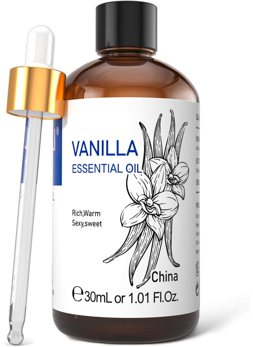 HIQILI 1 Fl Oz Vanilla Essential Oil, Undiluted Natural Strong Fragrance Add in Skin Perfume, Unscented Lotion, Candle Soap Making Scent, Relax at Home with Diffuse Warm Sweet Aroma