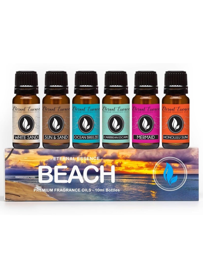 Eternal Essence Oils Beach Set of 6 Premium Fragrance Oils - Includes White Sand, Ocean Breeze, Honolulu Sun, Mermaid, Caribbean Escape, and Sun & Sand Scented Oils - 10ML