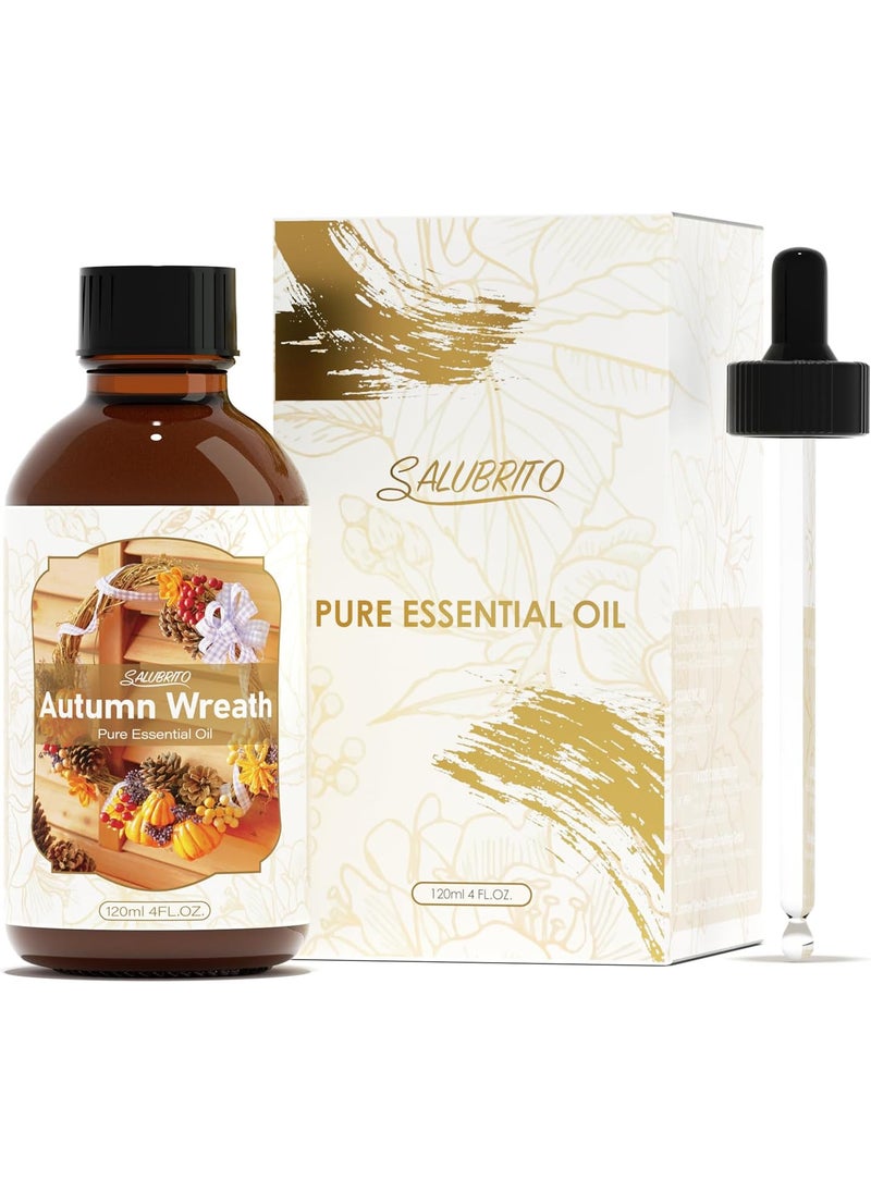 SALUBRITO Fall Essential Oil 4 Fl.Oz (120ml) - Autumn Wreaths Fragrance Oil, Strong Scented Autumn Scented Oil for Diffuser, Candle, Soap Making, Massage, Pine Needle Oil, Patchouli Oil