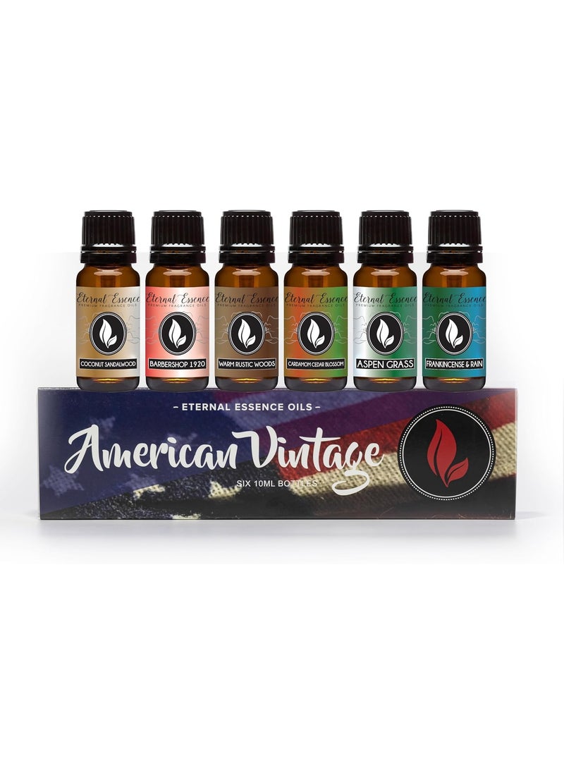Eternal Essence Oils American Vintage Set of 6 Premium Fragrance Oils - Sandalwood Vanilla, Frankincense & Rain, Cardamom Cedar Blossom, Aspen Grass, Warm Rustic Woods, and Barbershop 1920-10ML