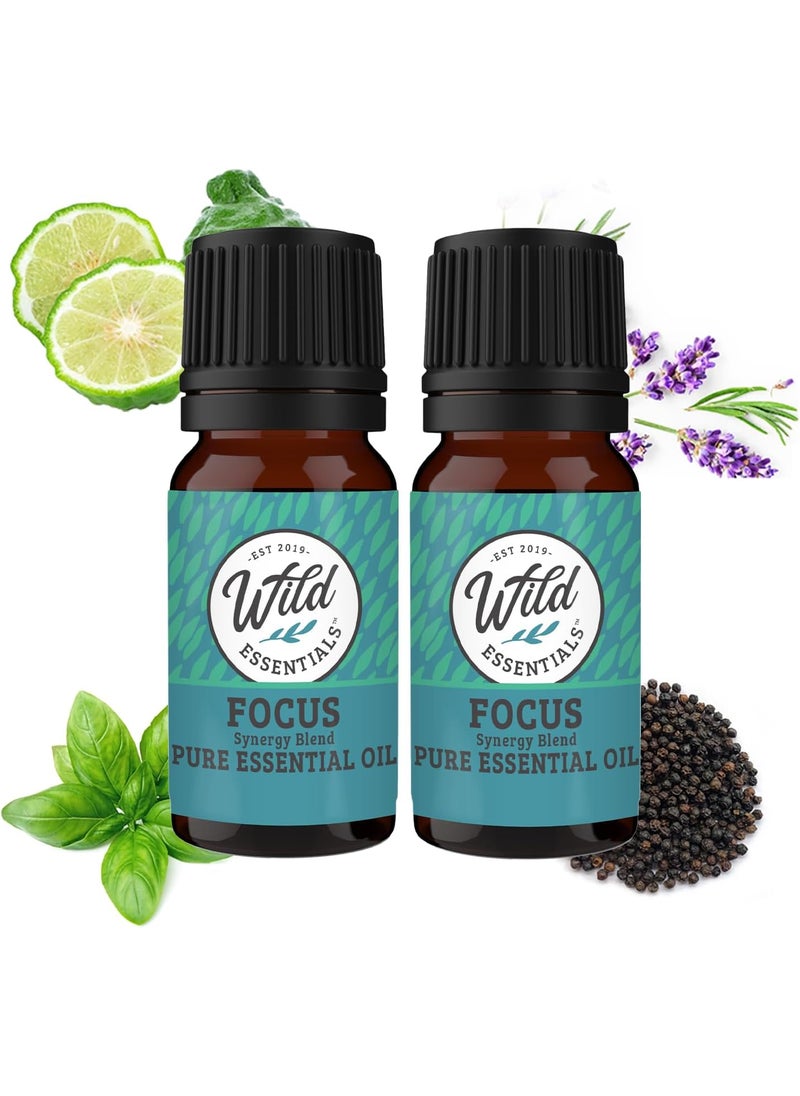 Wild Essentials Focus 100% Pure Essential Oil Synergy Blend 2 Pack 10ml, Therapeutic Grade Concentration Formula for Mental Clarity, Study, Work, Test, Interview, Attention Made in The USA