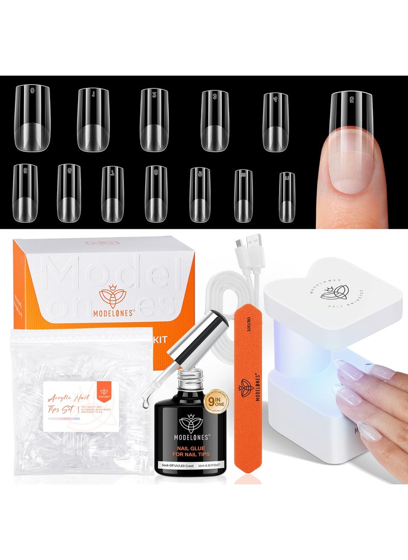 modelones Gel Nail Kit, Gel Nail Tips Medium Square, 9-in-One Nail Glue & Portable U V Nail Lamp, 216Pcs 12Sizes Press On Acrylic False Nails Tip Nail Extension DIY Nails Art Gift for Women