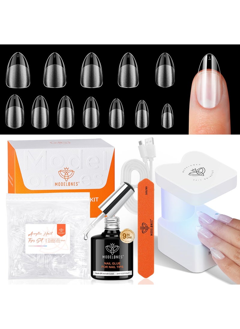 modelones Gel Nail Kit Short Almond Gel Nail Tips, 9-in-One Nail Glue with Portable U V Nail Lamp, 216Pcs 12Sizes Press On Acrylic False Nails Tip Nail Extension DIY Nails Art Gift for Women