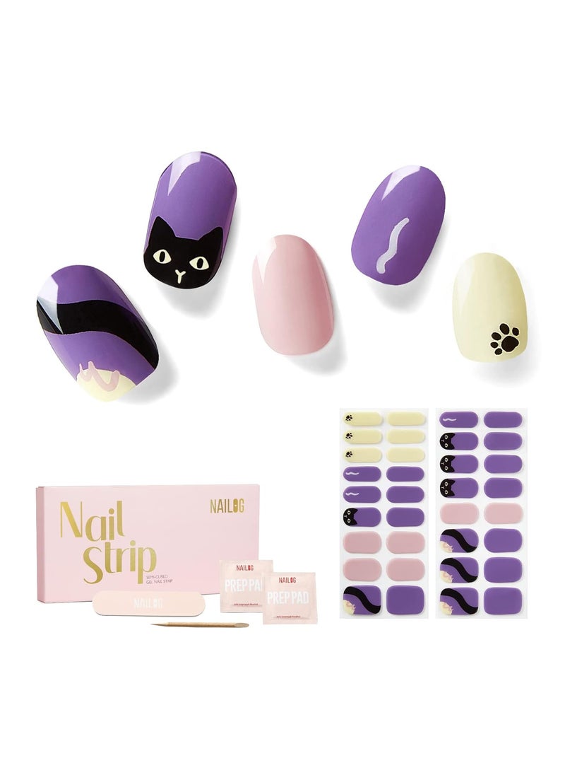 Nailog Semi Cured Gel Nail Strips 34 pcs | Long Lasting Nail Polish Sticker Wraps with Glossy Gel Finish (Black Cat)