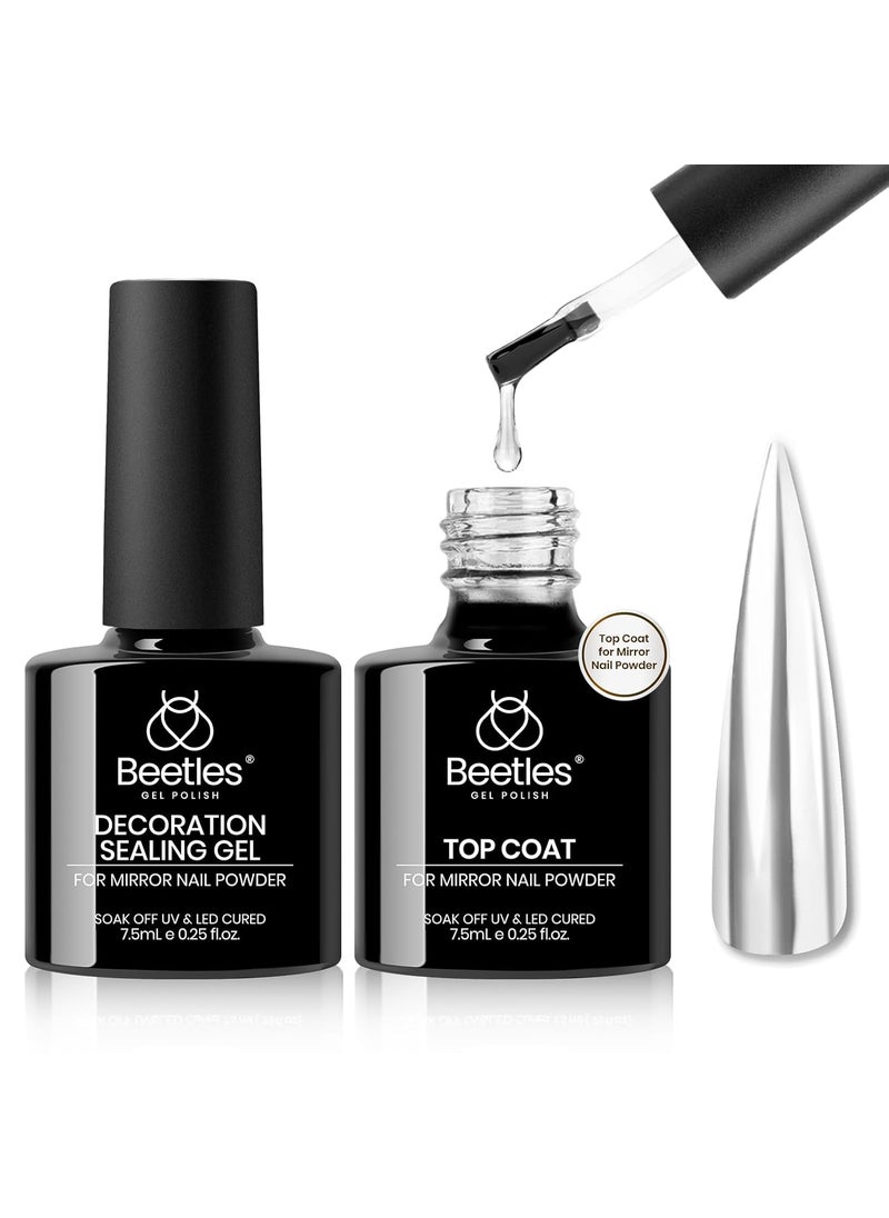 Beetles Gel Top Coat for Chrome Nail Powder and Decoration Sealing, 7.5ml*2PCS Shine Finish and Long Lasting Nail Gel Glue, Soak Off LED U v Lamp Gel Nail Art Design Diy at Home