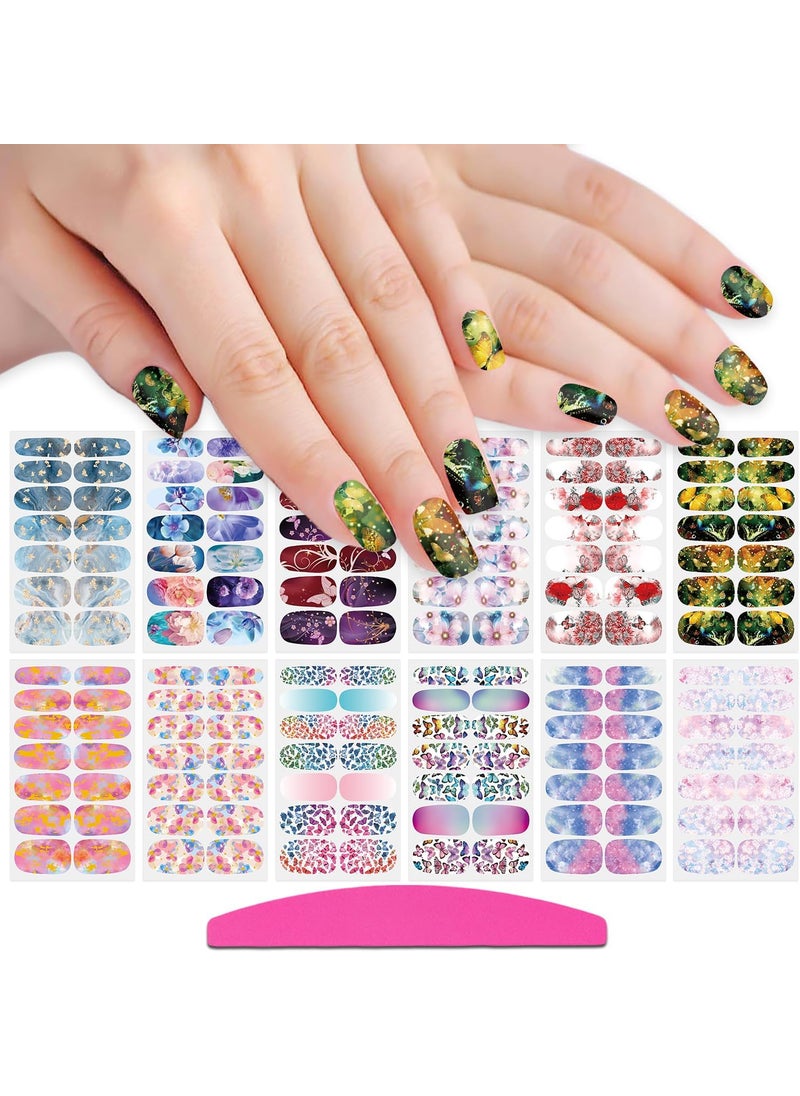 SILPECWEE 12 Sheets Colorful Nail Wraps Butterfly Flower Nail Polish Stickers for Women Stick on Nail Polish Strips Self Adhesive Gel Nail Strips Fingernail Manicure Design with Nail File