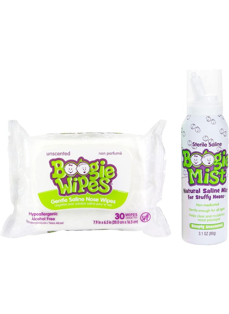 Boogie Baby Wipes & Saline Nasal Spray Bundle Wipes, Unscented Scent,1 Pack of 30 (30 Total Wipes), 3.1 oz (1 Saline Nasal Spray)