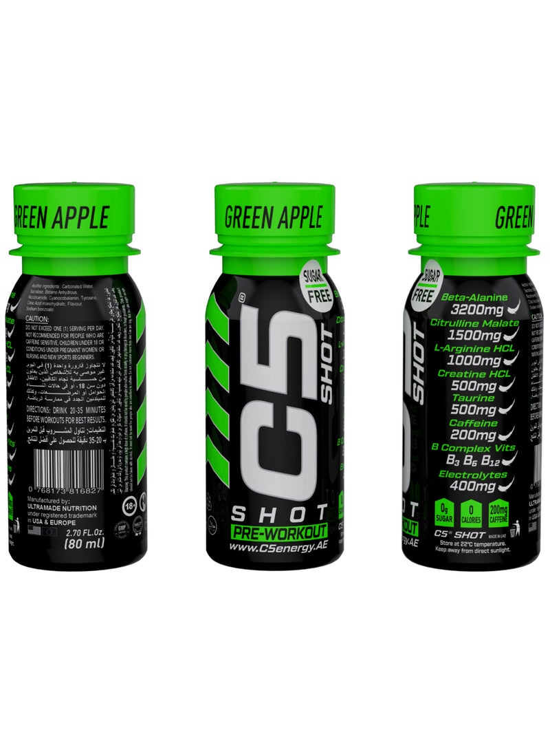 C5 SHOT Pre-Workout Drink | 80ml Liquid Energy Shot | 200mg Caffeine, Beta-Alanine, Creatine, Citrulline | Sugar Free | Zero Calories | 12 Pack (Pack of 12, Green Apple)
