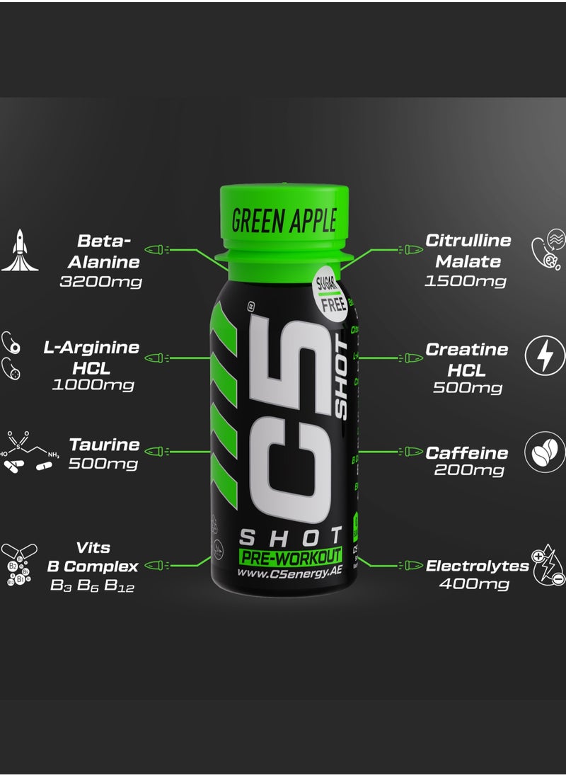 C5 SHOT Pre-Workout Drink | 80ml Liquid Energy Shot | 200mg Caffeine, Beta-Alanine, Creatine, Citrulline | Sugar Free | Zero Calories | 12 Pack (Pack of 12, Green Apple)