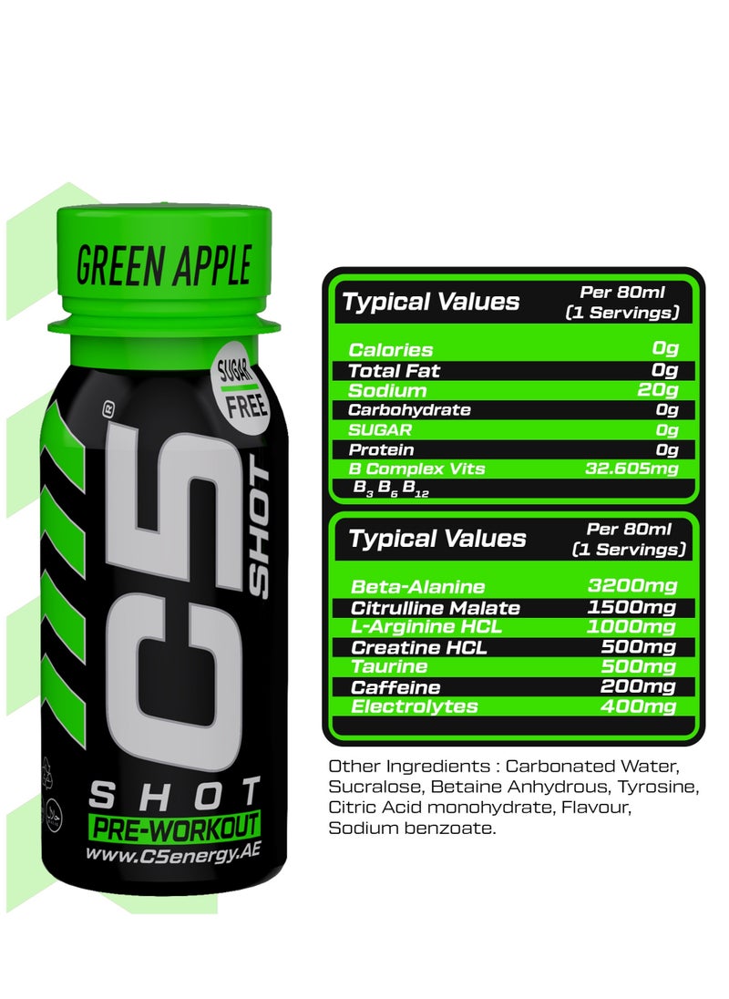 C5 SHOT Pre-Workout Drink | 80ml Liquid Energy Shot | 200mg Caffeine, Beta-Alanine, Creatine, Citrulline | Sugar Free | Zero Calories | 12 Pack (Pack of 12, Green Apple)