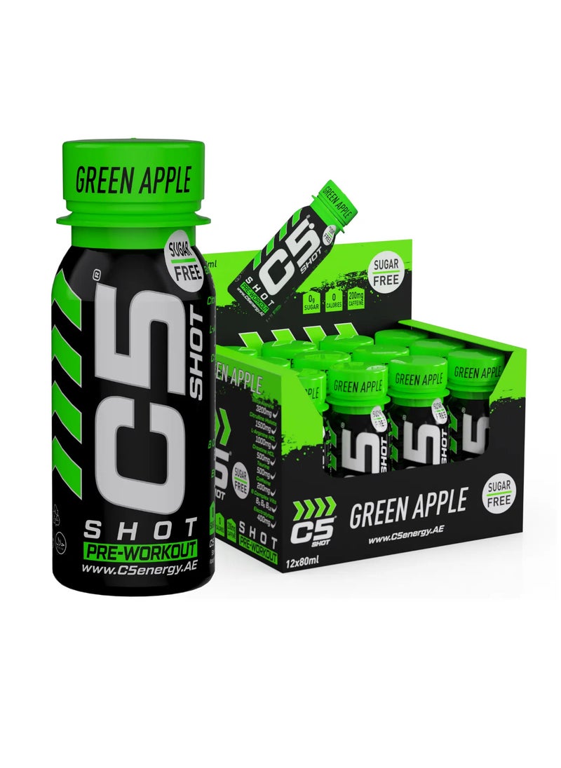 C5 SHOT Pre-Workout Drink | 80ml Liquid Energy Shot | 200mg Caffeine, Beta-Alanine, Creatine, Citrulline | Sugar Free | Zero Calories | 12 Pack (Pack of 12, Green Apple)