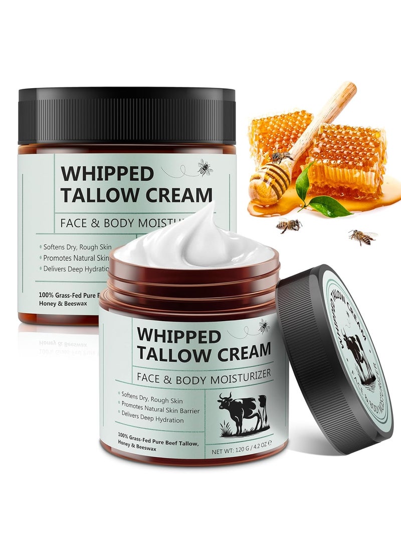 NIFEISHI Beef Tallow for Skin, 2pcs Organic Beef Tallow Moisturizer, Grass Fed Beef Tallow for Face and Body with Honey Beeswax, Deeply Moisturizing Unscented Fast Absorption 4.2oz