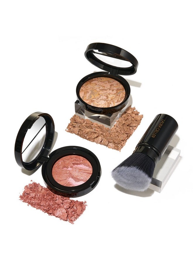 LAURA GELLER NEW YORK Baked Balance-N-Glow Illuminating Powder Foundation, Medium + Retractable Kabuki Brush + Baked Blush-N-Brighten, Pink Grapefruit