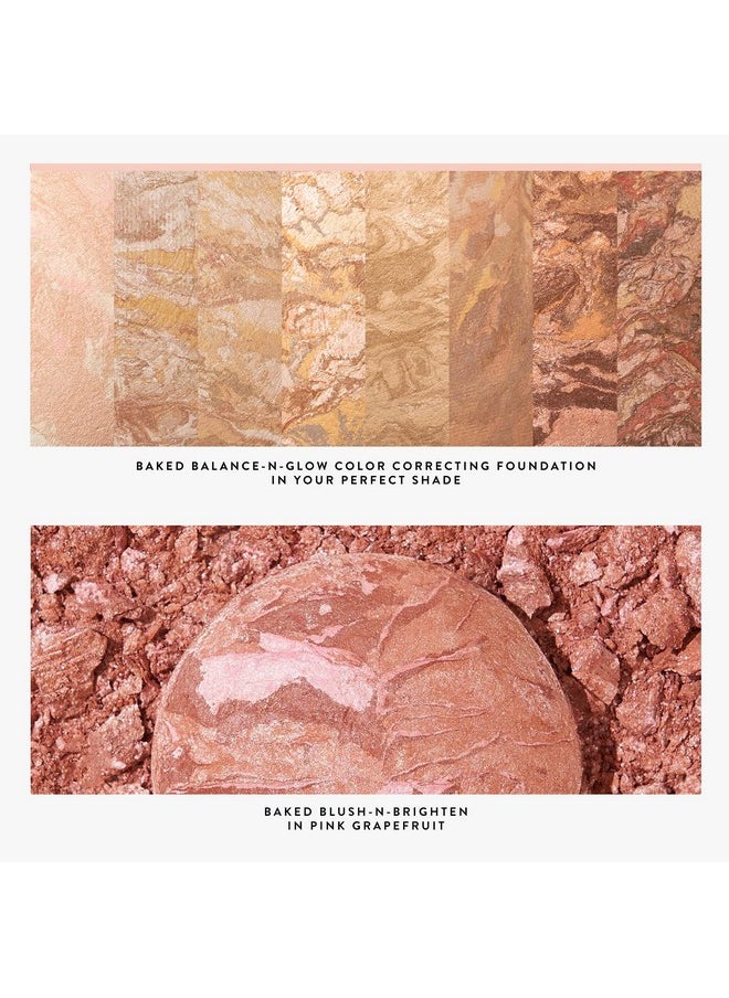 LAURA GELLER NEW YORK Blush-n-Glow Kit (3 PC): Baked Balance-N-Glow Illuminating Powder Foundation, Tan + Retractable Kabuki Brush + Baked Blush-N-Brighten, Pink Grapefruit