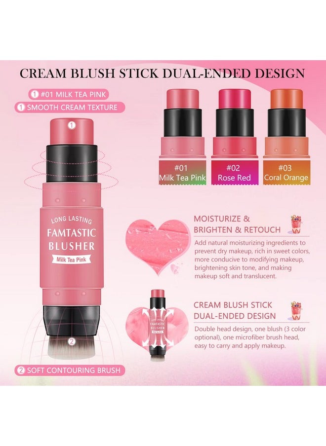 LOKFAR Cream Blush Stick for Cheeks Blush Makeup - 2 in 1 Multi Stick Blush for Cheeks Tint & Eyes & Lips, Cheek Makeup Stick Makeup Blush with Brush, Waterproof Creme Blush (#01 Cherry Pink)