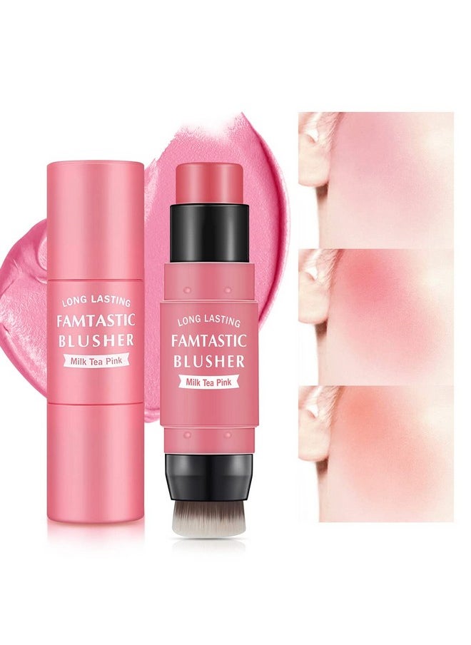LOKFAR Cream Blush Stick for Cheeks Blush Makeup - 2 in 1 Multi Stick Blush for Cheeks Tint & Eyes & Lips, Cheek Makeup Stick Makeup Blush with Brush, Waterproof Creme Blush (#01 Cherry Pink)