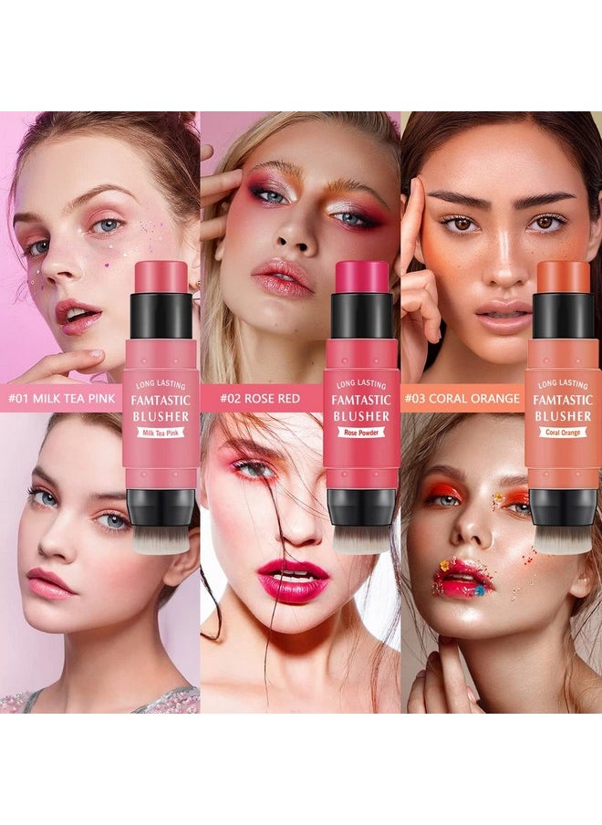 LOKFAR Cream Blush Stick for Cheeks Blush Makeup - 2 in 1 Multi Stick Blush for Cheeks Tint & Eyes & Lips, Cheek Makeup Stick Makeup Blush with Brush, Waterproof Creme Blush (#01 Cherry Pink)