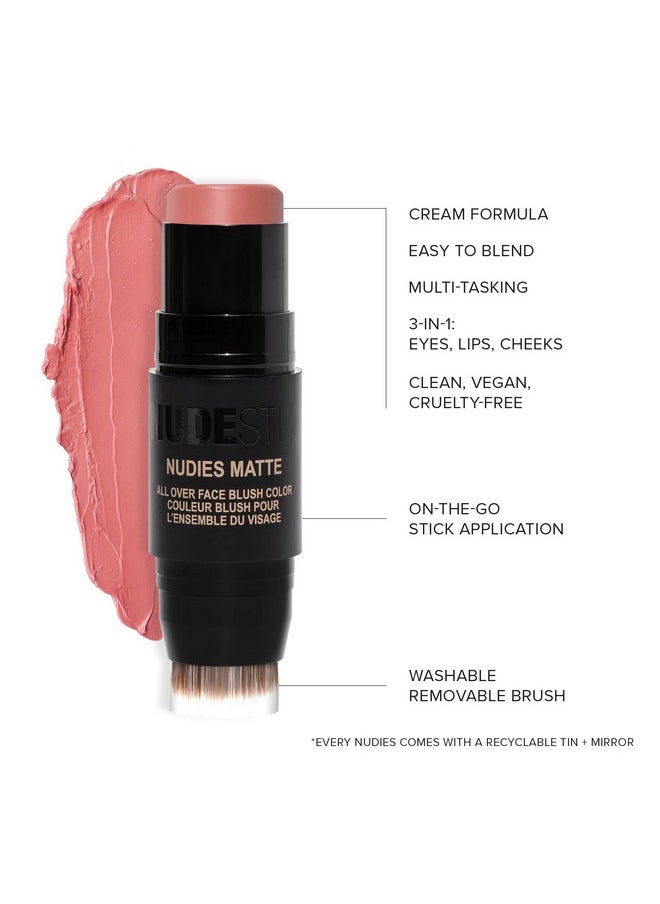 Nudestix Nudies Matte Cream Blush Stick 3-in-1 All Over Face Color - Blush Stick for Cheeks Eyes and Lips - Cream Blush for Cheeks w/Blending Brush (Naughty N' Spice)