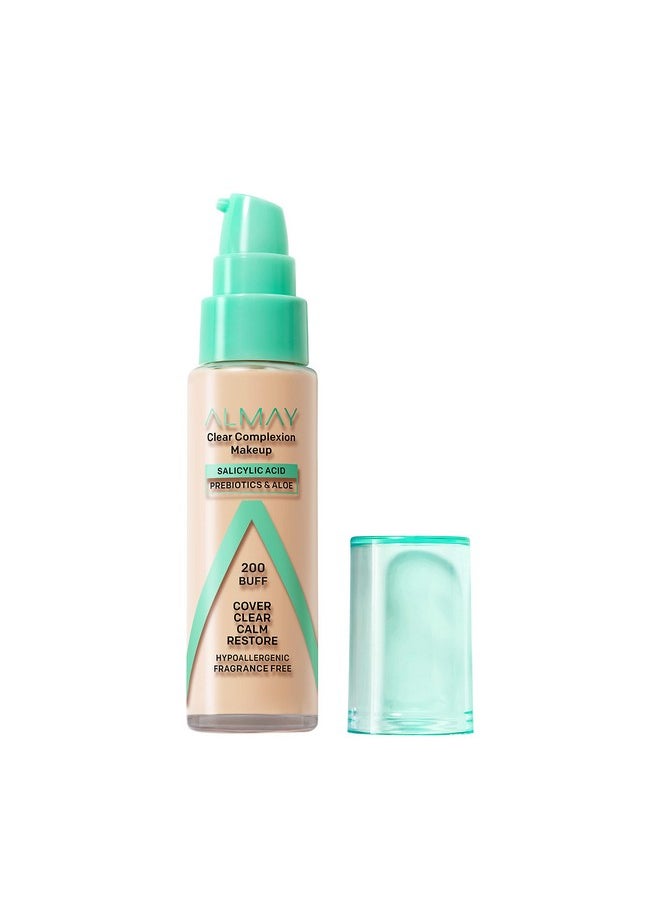 Almay Clear Complexion Acne Foundation Makeup with Salicylic Acid - Lightweight, Medium Coverage, Hypoallergenic, -Fragrance Free, for Sensitive Skin , 200 Buff, 1 fl oz.