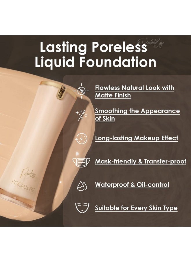 FOCALLURE PerfectBase Lasting Poreless Liquid Foundation, Medium to Full Coversage with Matte Finish, Covers Blemishes & Under-Eye Circles for All Skin Types, NE01 PORCELAIN