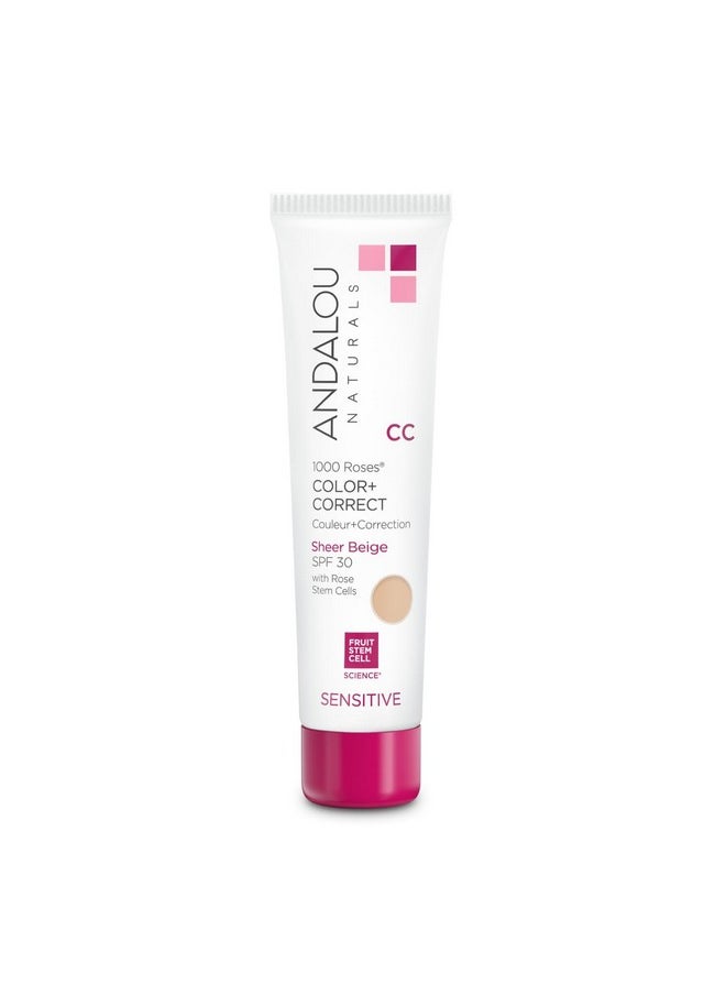 Andalou Naturals 1000 Roses CC Color + Correct with SPF 30, Sheer Beige, 2-in-1 Face Sunscreen + CC Cream for Sensitive Skin, Helps Correct Uneven Skin Tone, Reef Safe Sunscreen, 2 Fl Oz