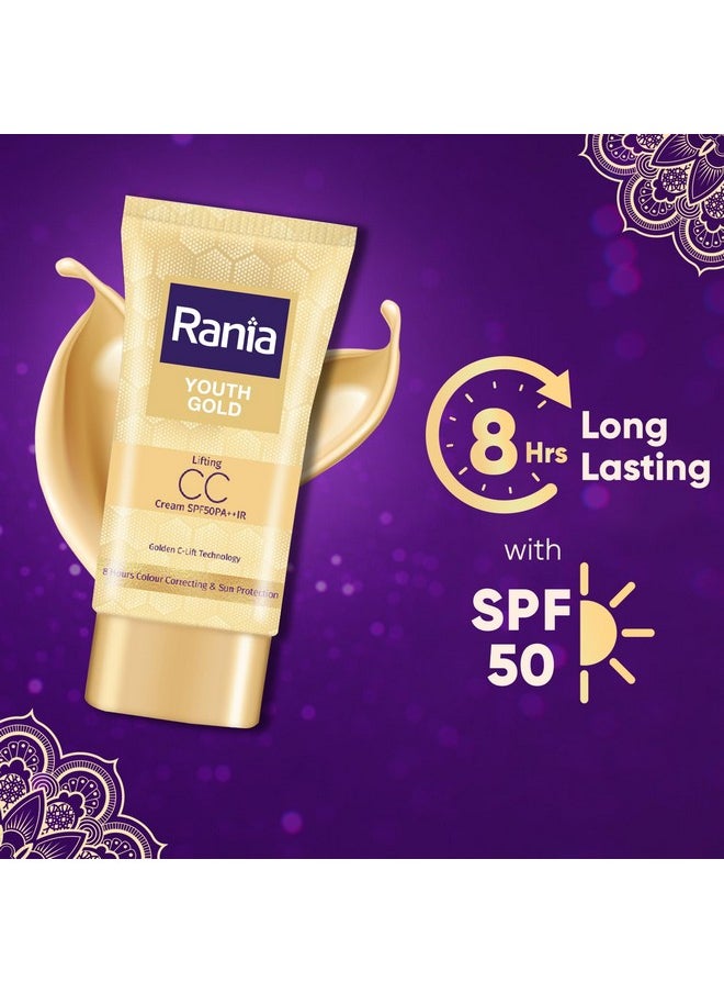 Rania CC Cream SPF50PA++IR with Vitamin C,24K Gold|Tinted moisturizer|Foundation & skincare|Lightweight|9-5 long lasting |Natural makeup look,25g