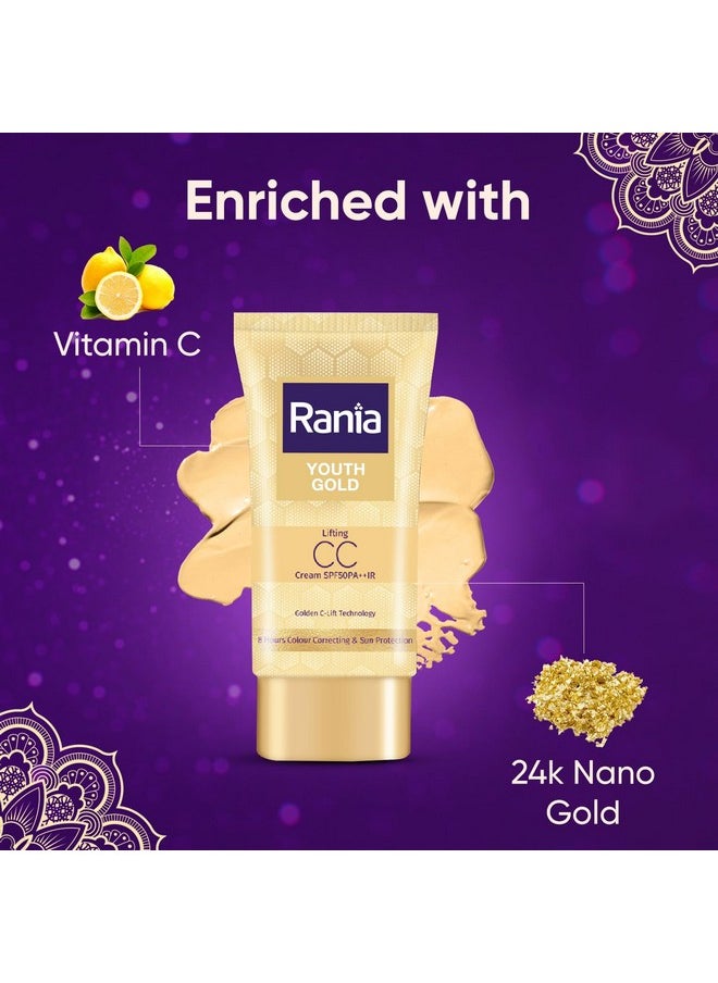 Rania CC Cream SPF50PA++IR with Vitamin C,24K Gold|Tinted moisturizer|Foundation & skincare|Lightweight|9-5 long lasting |Natural makeup look,25g