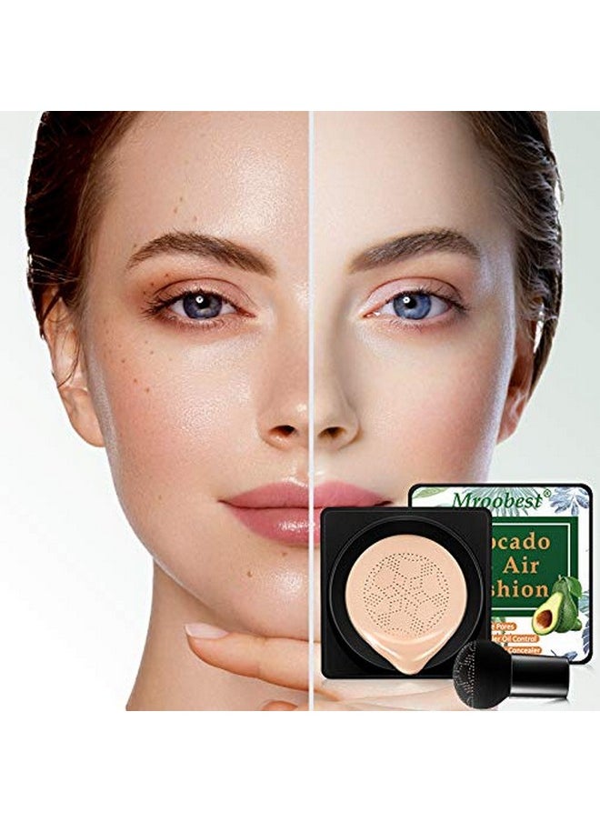 BB Mushroom Air Cushion, Avocado BB/CC Cream, All-Day Lasting Nude Foundation, Even Skin Tone Makeup Base, Easy to Apply, Thin, Moist