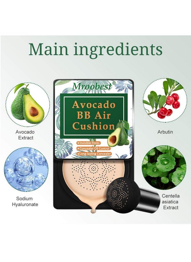 BB Mushroom Air Cushion, Avocado BB/CC Cream, All-Day Lasting Nude Foundation, Even Skin Tone Makeup Base, Easy to Apply, Thin, Moist