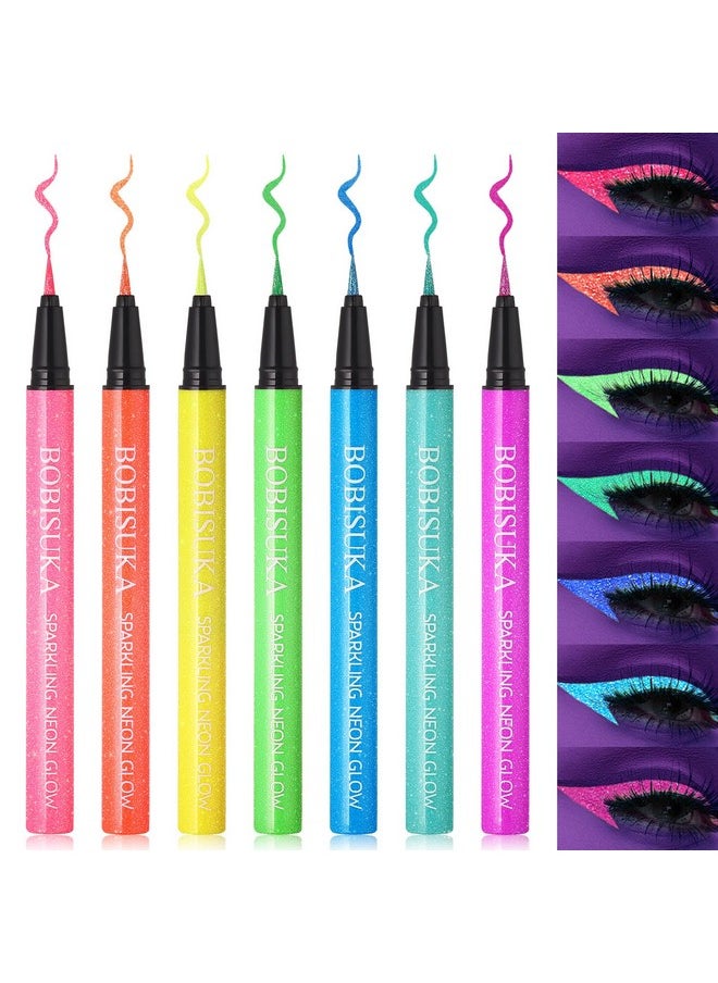 BOBISUKA 7 Colors Liquid Eyeliner: Neon UV Glitter Eyeliner Pencil - Colorful Waterproof Eye Liner - Rainbow Smudge-proof Eye Makeup Pen Set For Halloween, Party And Birthday