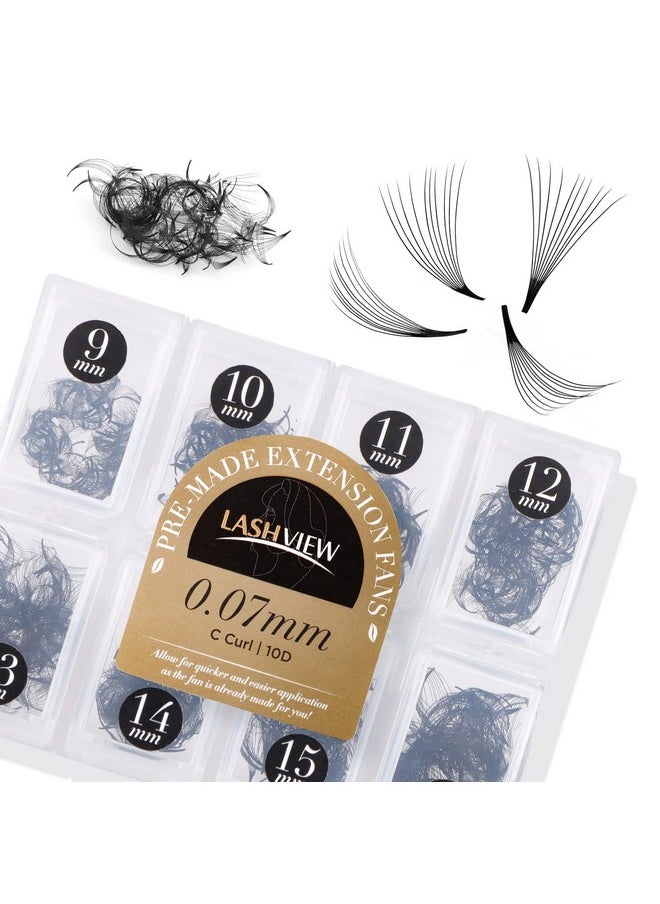 LASHVIEW 1000 Premade Volume Eyelash Extensions Mixed Tray 10D Premade Fans Eyelash Extensions C Curl Premade Lash Fans Pointed Handmade Promade Loose Fans Thin Base (10D-0.07C,9-16mm)