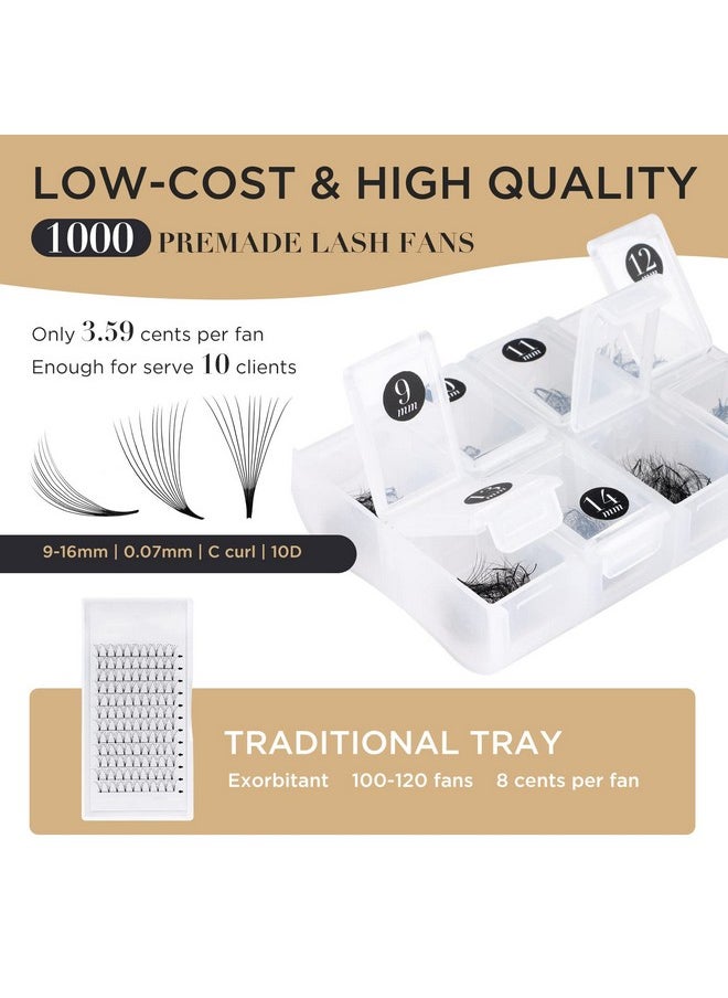 LASHVIEW 1000 Premade Volume Eyelash Extensions Mixed Tray 10D Premade Fans Eyelash Extensions C Curl Premade Lash Fans Pointed Handmade Promade Loose Fans Thin Base (10D-0.07C,9-16mm)