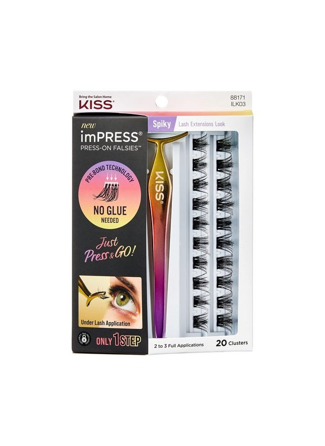 imPRESS Falsies Self Adhesive Eyelashes Eyelash Clusters Kit, 12mm-14mm Glam Volume Lashes, Black, No Glue Needed, Invisible Band, 24 Hours | 20 Clusters & Ergonomic Non-Stick Applicator - Spiky