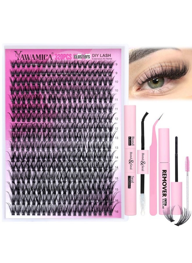 Eyelash Extension Kit 320pcs Lash Clusters D Curl 9-16mm Mix 40D Individual Lashes with Lash Bond and Seal and Remover Lash Applicator for Lash Extension Beginners