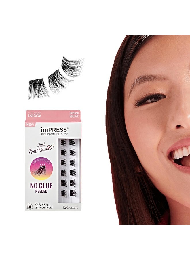 KISS imPRESS False Eyelashes, Lash Clusters, Falsies, Refined Volume', 10mm-12mm, Includes 12 pieces of pre-bonded lashes, Contact Lens Friendly, Easy to Apply, Reusable Strip Lashes