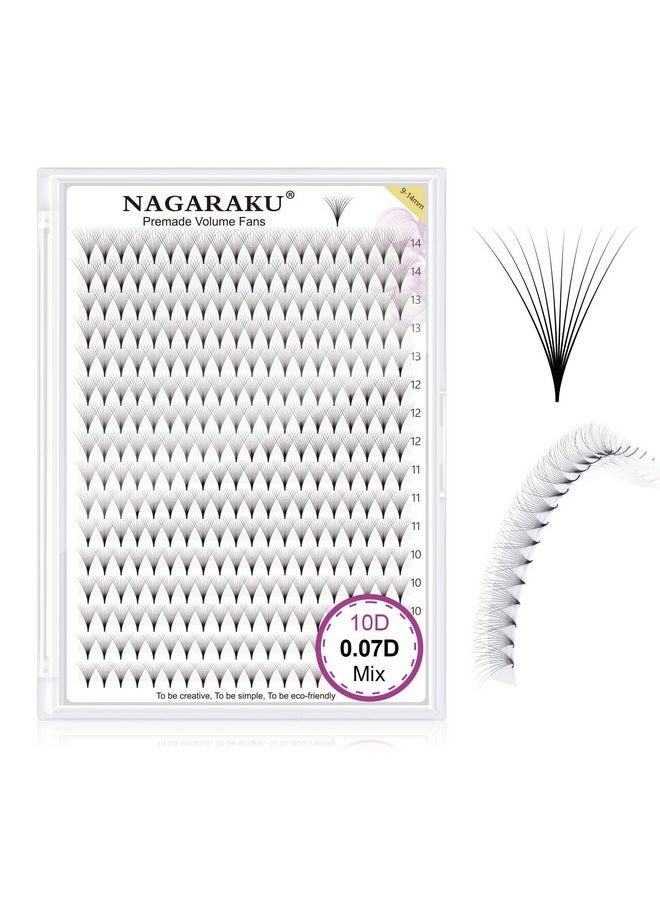 NAGARAKU Premade Fans Eyelash Extensions Thin Pointy Base 10D Volume Sharp Narrow Stem 0.07mm D curl 9-14mm Mix Clusters Russian Pre Fanned Fluffy Matte Black