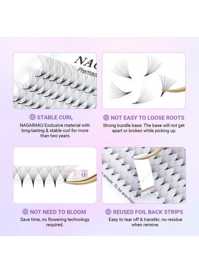NAGARAKU Premade Fans Eyelash Extensions Thin Pointy Base 10D Volume Sharp Narrow Stem 0.07mm D curl 9-14mm Mix Clusters Russian Pre Fanned Fluffy Matte Black